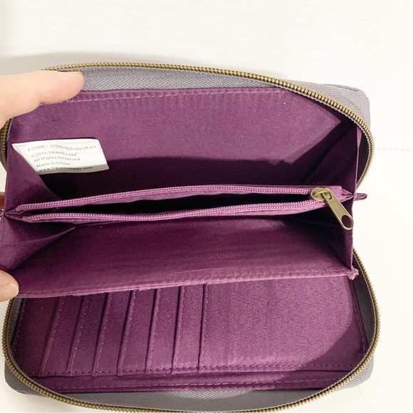Travelon Gray and Purple RFID Blocking Zip Around Pleated Detail Wallet Organize - Picture 10 of 12
